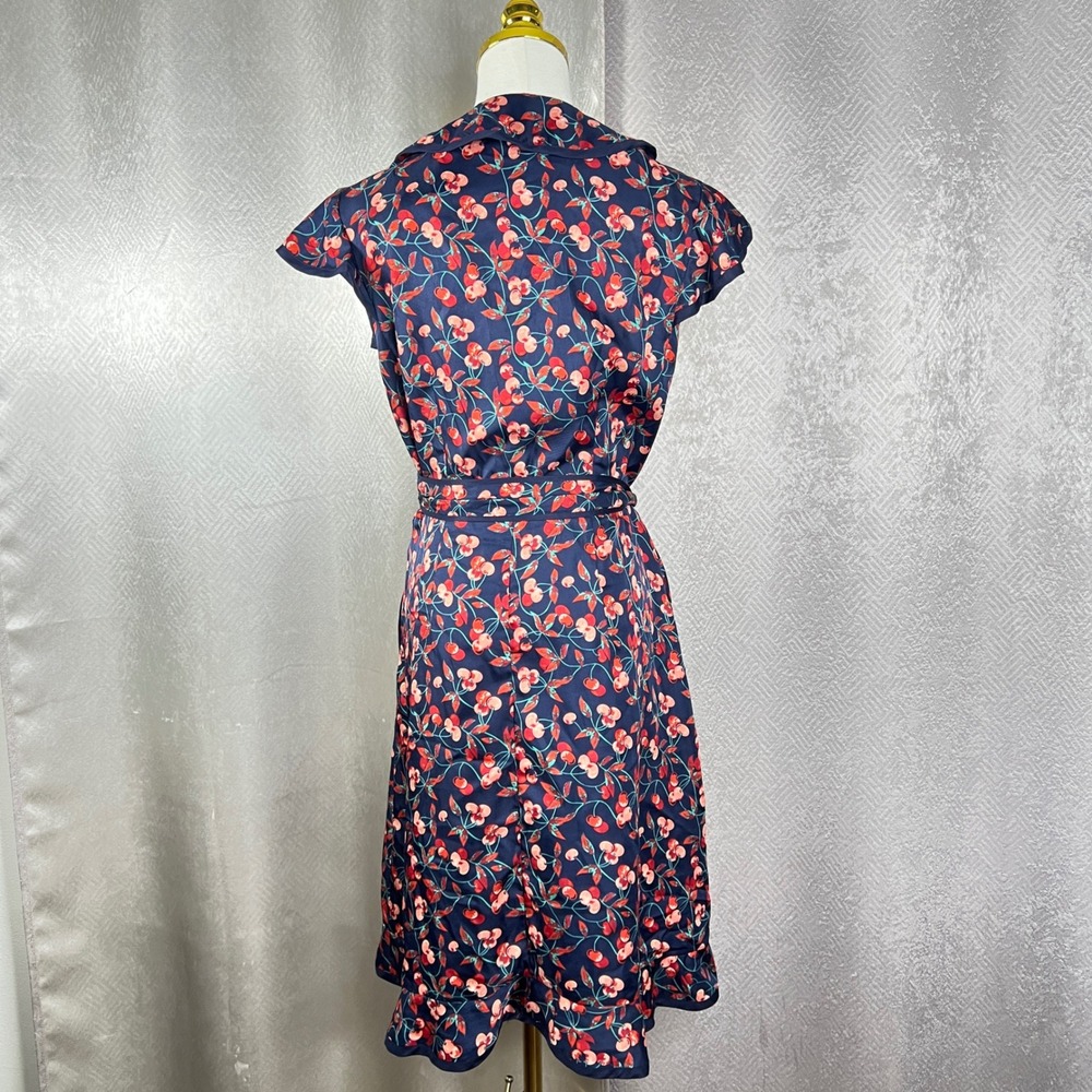 Hi There Karen Walker Cherry Print Wrap Dress Navy Blue Ruffle Hem Womens 12 - Picture 3 of 10